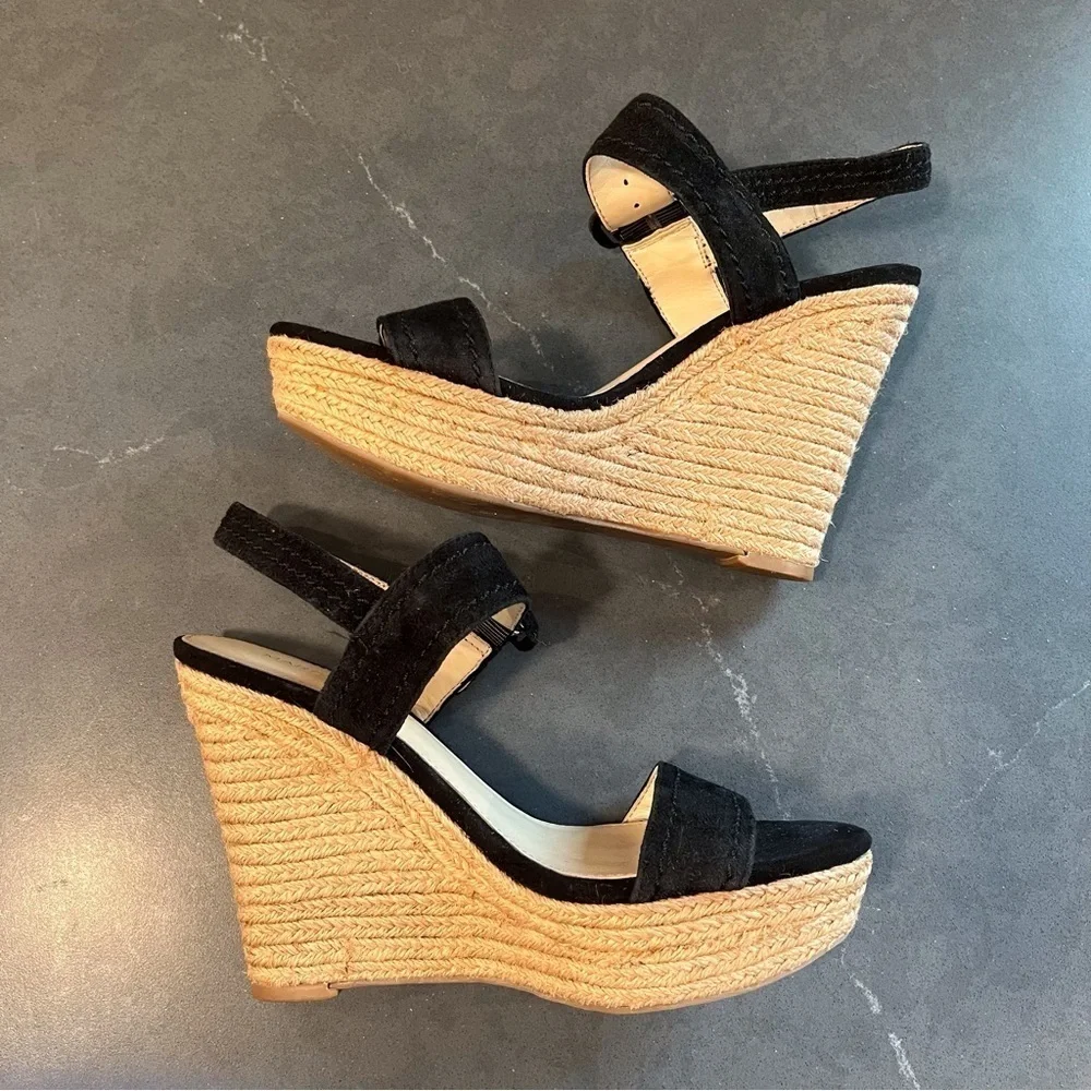 Marc Fisher sz 6 Hipiee black leather platform wedge espadrille